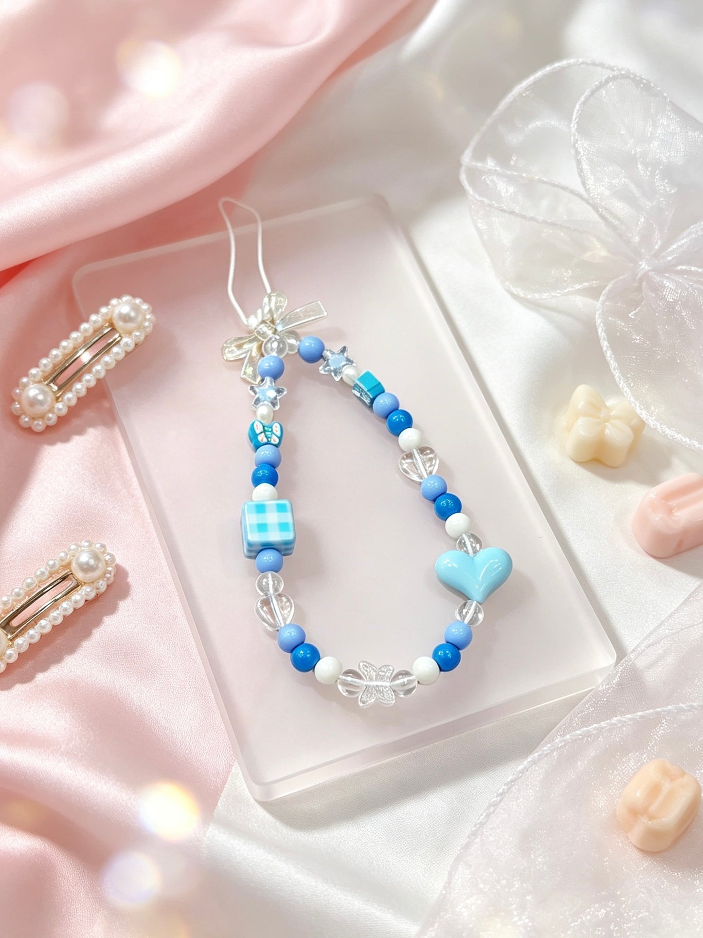 Handmade heart beaded phone strap with plastic clasp