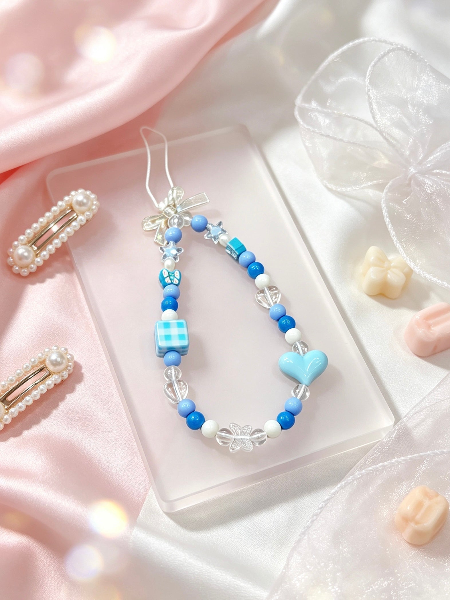 Handmade heart beaded phone strap with plastic clasp