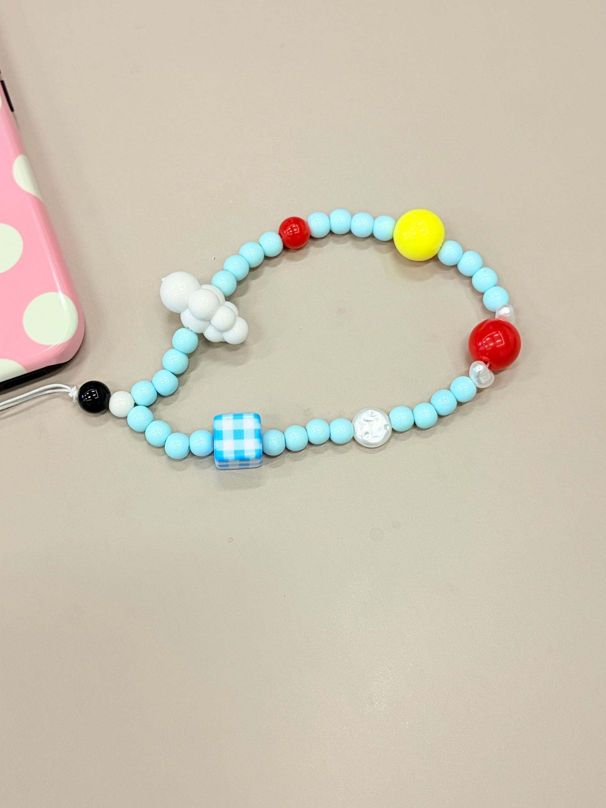 Handmade sky cloud beaded phone strap with plastic clasp